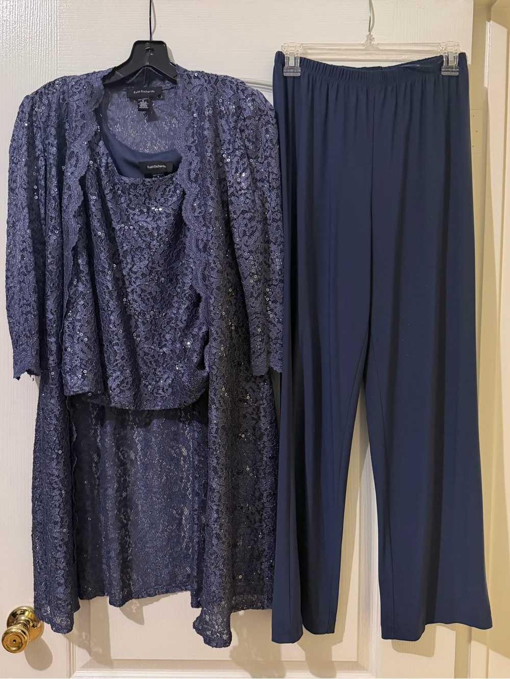 R&M Richards Size 6 Navy Sequin Lace Jacket, Top & Wide-Leg Pants Set